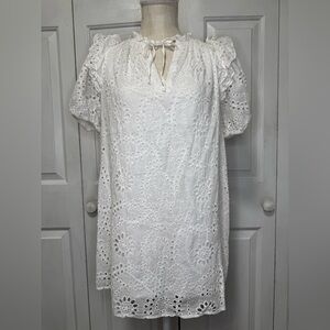 BUDDY LOVE WHITE EYELET LACE OVERLAY PUFF SLEEVE FRONT TIE DRESS- SMALL